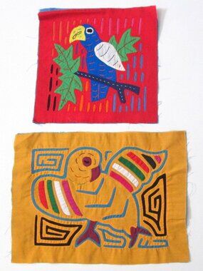 Panama Mola Textile Lot Parrots Red & Yellow Squares Tribal Kuna Applique